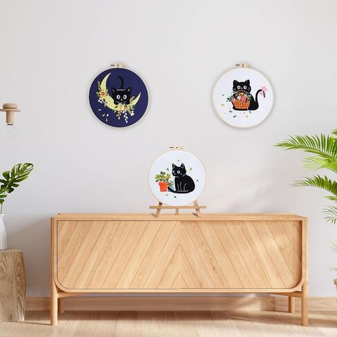 EOBTAIN Black Cat Embroidery Kit with 3 Pattern,Easy Cross Stitch Starter Kit for Adults,DIY Craft Kits with Embroidery Hoop Needles and Thread,Detailed and Easy to Follow Step-by-Step Instructions in Kuwait