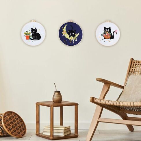 EOBTAIN Black Cat Embroidery Kit with 3 Pattern,Easy Cross Stitch Starter Kit for Adults,DIY Craft Kits with Embroidery Hoop Needles and Thread,Detailed and Easy to Follow Step-by-Step Instructions in Kuwait