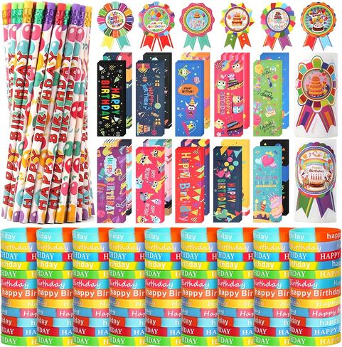 Kolewo4ever 500 Pieces Happy Birthday Gifts Set:100 Pcs Happy Birthday Rubber Bracelets,100 Pcs Happy Birthday Pencils,100 Pcs Happy Birthday Bookmarks and 200 Pcs Happy Birthday Badge Stickers in Saudi Arabia