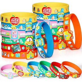Winrayk Back to School Party Favors Supplies, 24Pcs Silicone Bracelets Self-Designed Rubber Wristbands Bulk (6 Style), Kindergarten Primary First Day of School Students Back to School Supplies Gifts