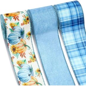 Riceshoot 3 Rolls 30 Yards Thanksgiving Wired Ribbons Fall Pumpkin Buffalo Plaid Ribbon Autumn Harvest Ribbons for Wreaths Craft Bow Making Supplies Gifts Wrapping Decoration(Blue Pumpkin)