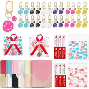 120Pcs Smiley Face Keychain with Heart Shape Greeting Cards for valentines day, Cute Keyring for Classroom Prizes,Back to School Birthday Valentines Party Favors Gift, Goodie Bag Stuffers Supplies