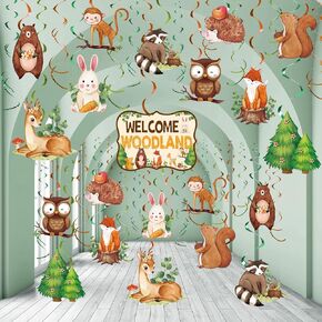 Outus 51 Pieces Woodland Baby Shower Party Decorations Woodland Birthday Hanging Swirl Decorations Forest Animals Creatures Party Decor for Boy Girl Birthday Jungle Classroom Decor