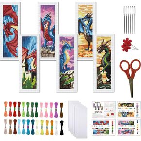 FREEBLOSS 6 Set Cross Stitch Bookmark Kit Stamped Cross Stitch Kit Western Dragon Embroidery Set with Instruction for Adults 8''x2.4''