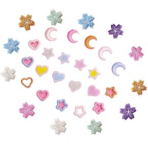 33pcs Assorted Mini Flower Iron On Patches Moon Star Cherry Blossom Embroidered Applique for Sewing Trims Clothes Bag Shoes Wedding Dress Craft DIY