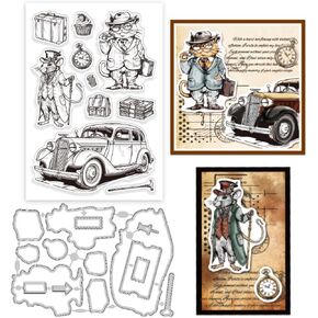 GLOBLELAND Gentlemen Cat and Mouse Clear Stamps Retro Gentlemen Animals Frame Cutting Dies Set Silicone Transparent Stamp and Metal Die Cuts for Card Making and DIY Embossing Scrapbooking