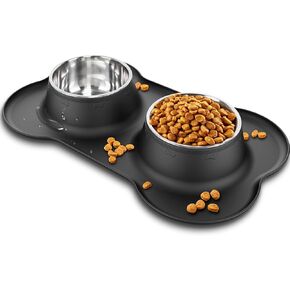 Tekcoo Dog Bowls, Puppy Food Bowls, Stainless Steel Pet Cat Water Feeding Dishes with Non-Spill Skid Resistant Silicone Mat for Small Medium Large Size Dogs [27 oz ea.]