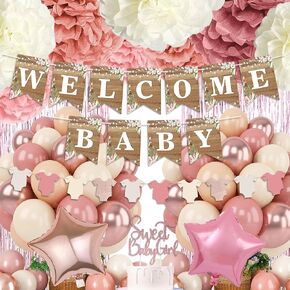 Dusty Pink Baby Shower Decoration, Girl Baby Shower Decor Set with Welcome Baby Banner, Sweet Baby-girl Cake Topper,Tissue Pom Poms,Retro Blush Rosegold Balloon,Boho Baby Gril Shower Party Supplies
