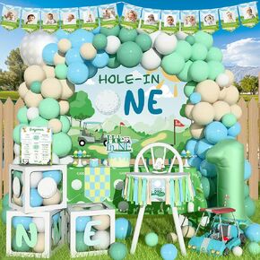 Hole In One Birthday Party Decorations, Club Ball Golf 1st Birthday Supplies, First Party Decorations Boys, Golf Themed Balloon Garland Backdrop Tablecloth Banner Crown for One Year Old Boy Party