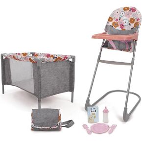 509 Crew: Melange Flora - at Home 8 Piece Set - Highchair, Play Yard, Shoulder Bag, 5pc Feeding Accessories, Fits Dolls Up to 18", Doll Toys, Kids 3+