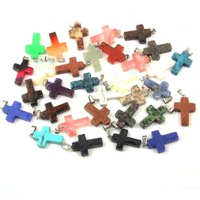 20 Pcs Natural Stone Pendants Charms, Cross Shape Crystal Gemstone Pendant Healing Chakra Quartz Charms for DIY Necklace Jewelry Making