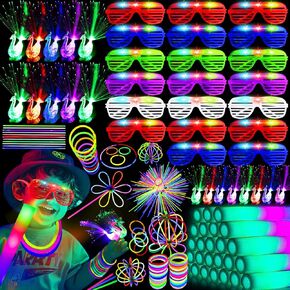 HHJ 284 PCS Glow in The Dark Party Supplies with 200 Glow Sticks 20 Led Glasses 20 Finger Lights 20 Hair Clips Fiber Optic Glow Party Favors for Birthday Wedding Concert 4th of July (284)
