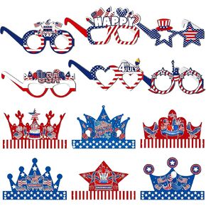 4th of July Glasses and Hats Set - 12 Pieces, 4th of July Decorations | USA Flag Glasses, 4th of July Photo Props, Fourth of July Party Favors, Fourth of July Decorations, Patriotic Glass Kids, Adults