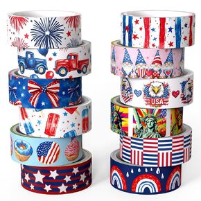 12 Rolls Independence Day Washi Tape Set, Patriotic Stars Stripes USA Flag Decorative Tape 4th of July Red Blue White Masking Tape for Journaling Supplies, Scrapbooking, DIY Arts & Crafts