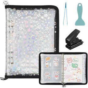 7 in 1 Sticker Storage Organizer, Sticker Book Collecting with Storage Sleeves and Release Paper, A5 Reusable Zipper Binder Album Holder with Tools (Stickers Not Included)