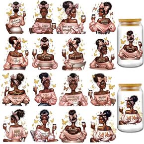 Black Girl UV DTF Stickers - 20 Sheets Personalized Tattoos Girls UV DTF Cup Wraps for 16 20 oz Tumbler, Vintage Flowers Butterfly Sublimation Transfer Sticker Decals DIY Water Bottle Mug Decoration