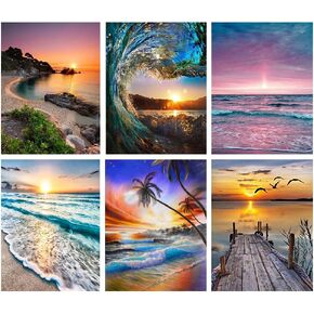 CEUHROG 6 Pack Diamond Art Kits for Adults,DIY Beach Diamond Painting Kits Round Diamond Dots for Adults,5D Full Drill Painting Kit Art and Crafts for Adult Home Wall Decor 12 X 16inch