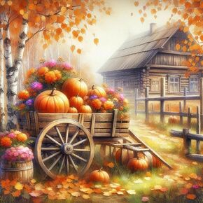 Fall Pumpkin Cart House Diamond Art Kits for Adults, 5D Diamond Painting Kits for Adults Beginners, DIY Full Round Drill Diamond Dot Painting Gem Art Kits for Adult, Home Wall Decor 13.8x13.8 Inch