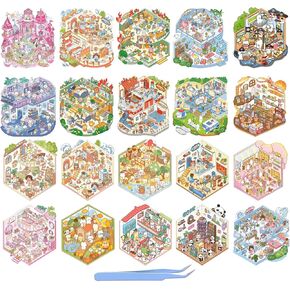 3D Sticker Scene Book,Sticker Therapy for Adults, 20 Sets DIY 3D House Stickers with Collection Box, Make Your Own Shop House, Cute Cartoon Scene Stickers for Pass The Time