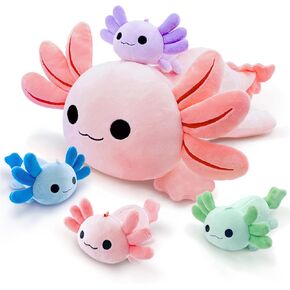 Axolotl Plush，Cute Axolotl Mommy Stuffed Animal with 4 Baby Axolotl Plushies in Tummy，Kawaii Axolotl Plush Toy Gift for Kids Girls Boys