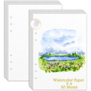 50 Sheets Watercolor Paper Cotton140Lb Water Color Paper for Kids Loose Leaf White Bulk A5 Watercolor Journal Paper 6-Hole Punched Loose Sketch Paper Watercolor Drawing Paper for Artists Oil Pastels