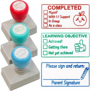 Teacher Stamps Grading Stamps Self Inking Checkbox 3PCS Classroom Completed Behavior Learning Objective Parent Signature Pre-Inked Refillable Teacher Supplies