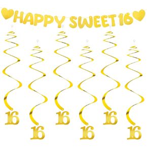 Happy Sweet 16 Birthday Banner and 6Pcs Hanging Swirls for Sweet Sixteen Birthday Party Decorations Decor Backdrop for Girls (Rose Gold)