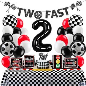 Two Fast Birthday Decor, Race Car Party Supplies Baby Boy 2nd Birthday Decorations Racing Car Party Signs Cake Toppers Foil Balloons Banner Tablecloth Decorations for Boy
