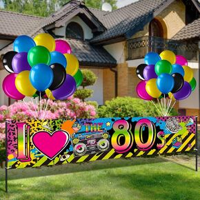 Tiamon 41pc 80s Party Decoration Set - I Love 80s Banner with 40 Multicolored Balloons, Retro Boombox Background for Hip Hop Party, Photo Booth Props & Supplies (70.8 x 15.7 Inch)