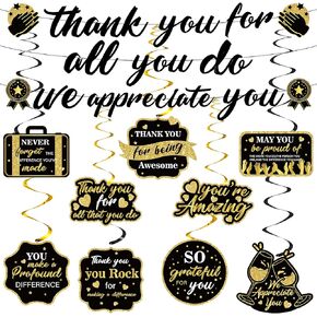 Black Gold We Appreciate You Decorations Thank You Banner with Appreciate Hanging Swirls Thank You For All You Do Decor for Teacher Doctor Nurse Employee Staff Graduation Appreciation Party Supplies
