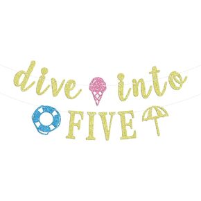 Dive Into Five Banner, His Royal Fiveness/Bro I'm 5/High Five Happy5th Birthday Party Decorations, Funny Swimming Pool 5th Birthday Party Backdrop Sign for Kids