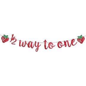 1/2 Way to One Banner, Happy 1/2 Birthday Banner 6 Months Birthday Decorations Red Glitter Strawberry Shower Decorations Berry Sweet Half Party Decoration