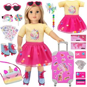 American 18 Inch Doll Clothes and Accessories Travel Set Roller Skates Playset Unicorn Set Including T-Shirt,Dress,Suitcase,Hairpin,Sunglass,Stickers,Pencil,Bag,Passport Travel Gear Play Set