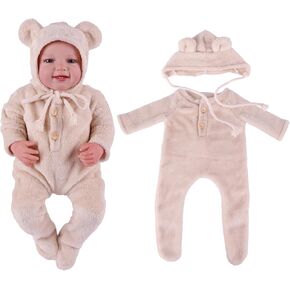BABESIDE 2 Pcs Reborn Baby Doll Clothes Set for 17-22 Inch Babydolls, Cute Baby Doll Clothes with Accessories Baby Doll Hat for Realistic Newborn Baby Dolls, Light Brown