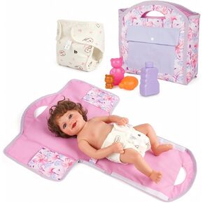 BABESIDE 6 Pcs Reborn Baby Doll Diaper Bag Set for 17-22 Inch Babydolls, 2-in-1 Baby Dolls Changing Pad Doll Diaper Bag with Bath Toy Set for Lifelike Reborn Baby Dolls Accessories, Pink Floral