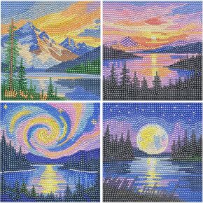 UPINS 4 Pack Diamond Art Paintings，6 x 6 Inch Landscape Paint by Numbers Kits Mountain Moon Lake Diamond Art Kits for Adults Kids Beginners 5D Art Paintings for Home Wall Decor Gifts