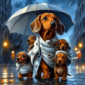 MAXBYE Dachshund Family in Rain Diamonds Painting Kit for Adults. Blue Umbrella and Street Lamp Diamond Art for Beginners, Dog Diamond Art Perfect for Home Decor 12 x 12in