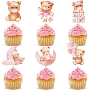 48Pcs Baby Shower Cupcake Toppers, Pink Moon Baby for Bear Theme Baby Shower Birthday Cake Topper Decorations for Girls Kids Baby Animal Theme Birthday Party Cake Supplies (6 Styles)