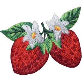 Two Strawberries with White Blossoms, Strawberry Fruit, Embroidered, Iron on Patch (1)