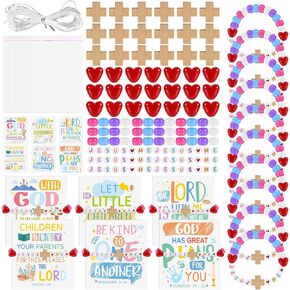 24 Set Sunday School Crafts Kit for Kids, DIY Wood Cross on Cord Beads Bracelets with Religious Cards Set, Jesus Love Me Wristband Bracelets for VBS Week Classroom Exchange Christian Bible Verse Gifts