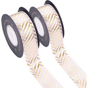 Pandahall 2 Roll 20 Yards Gold Foil Satin Ribbon 1"Wide White Decorative Ribbon with Stripe Printed for Gift Wrapping Handmade Craft Party Wedding Decoration