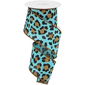 Leopard Print on Canvas Wired Edge Ribbon (Light Teal, 2.5 Inch)
