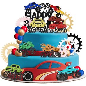 29 PCS Monster Truck Cake Topper Monster Car Theme Birthday Party Supplies - Happy Birthday Cake Toppers & Cupcake Toppers