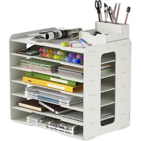A3 Paper Organizer 11x17 Inches with 7 Compartments, PVC Desktop Storage Rack for Scrapbooking Supplies, Office Documents & School Art Materials - Space-Saving Vertical Design