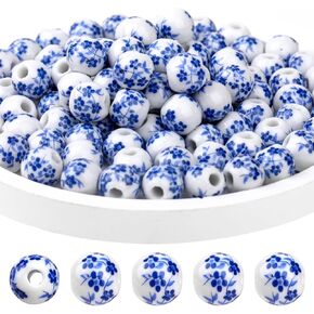 100PCS 8mm Ceramic Beads Blue Flower Printed Beads Handmade Round Loose Porcelain Craft Beading for DIY Jewelry Arts Crafts Necklace Bangle