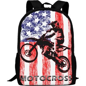 Unisex American Flag with Motorcycle Backpack Motocross Sport Motorcycle Vehicle School Bookbags Outdoor Casual Shoulders Backpack Travel Daypacks for Women Men Teens Kids, 17 Inches