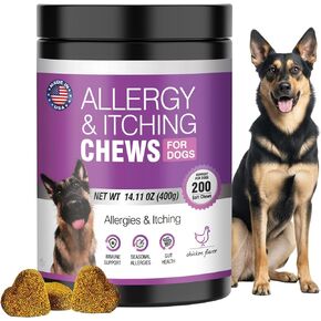 Dog Allergy Relief, Allergy Chews for Dogs 200pcs- Seasonal Itching Skin Relief Anti Itch Probiotics Vitamins for Dogs for Skin and Coat Allergies and Itchy