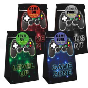24 Pieces Video Game Party Candy Bags 4 Designs Goodie Bags for Themed Birthday Party Kids Party Favors Supplies with 24pcs stickers
