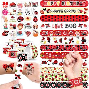 60 PCS Ladybug Party Favors Set - 36 Temporary Tattoos Sticker & 24 Slap Bracelets for Kids, Perfect for Birthday Parties, Classroom Rewards and Gifts
