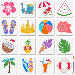 MAYJOYDIY 16Pcs Summer Beach Stencil Set Watermelon Coconut Juice Stencils for Painting 5.9×5.9inch Lifebuoy Surfboard Art Craft Templates with Paint Brush for Window Wood Wall Home Gift Decor